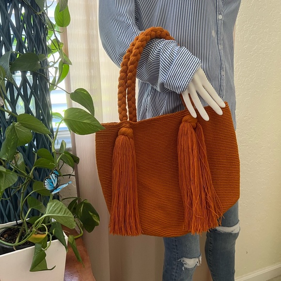 Classic Burnt Orange Handwoven Tote Bag- Boho Chic Trendy Top Handle Bag - Picture 2 of 7